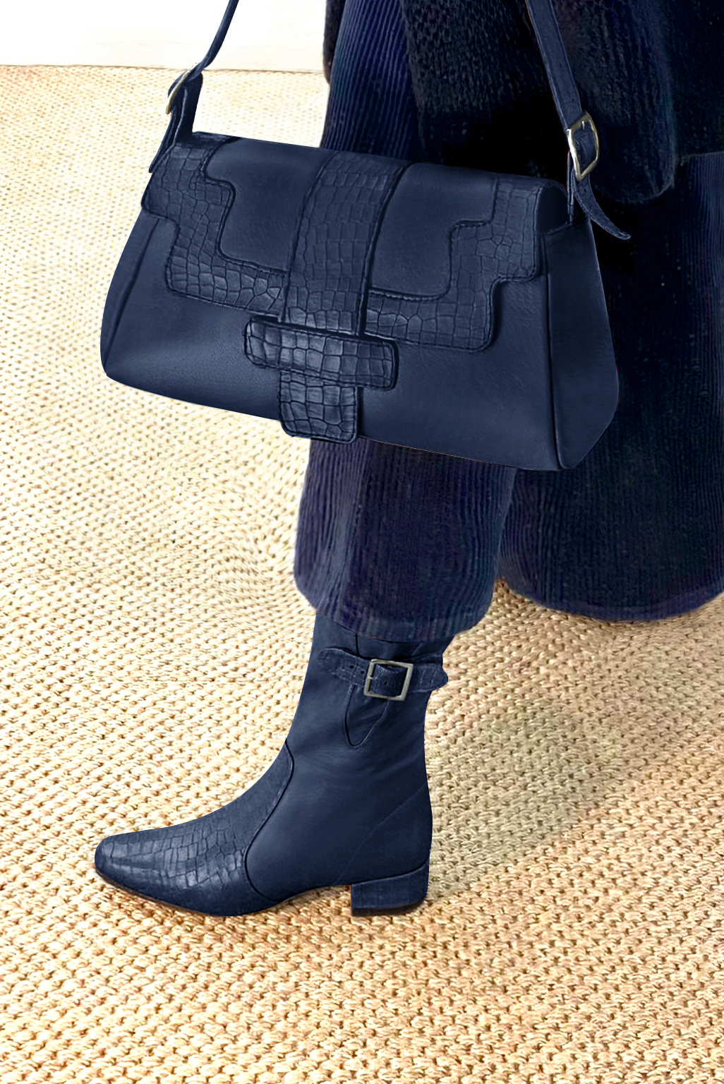 Navy blue women's ankle boots with buckles on the sides. Round toe. Low block heels. Top view - Florence KOOIJMAN